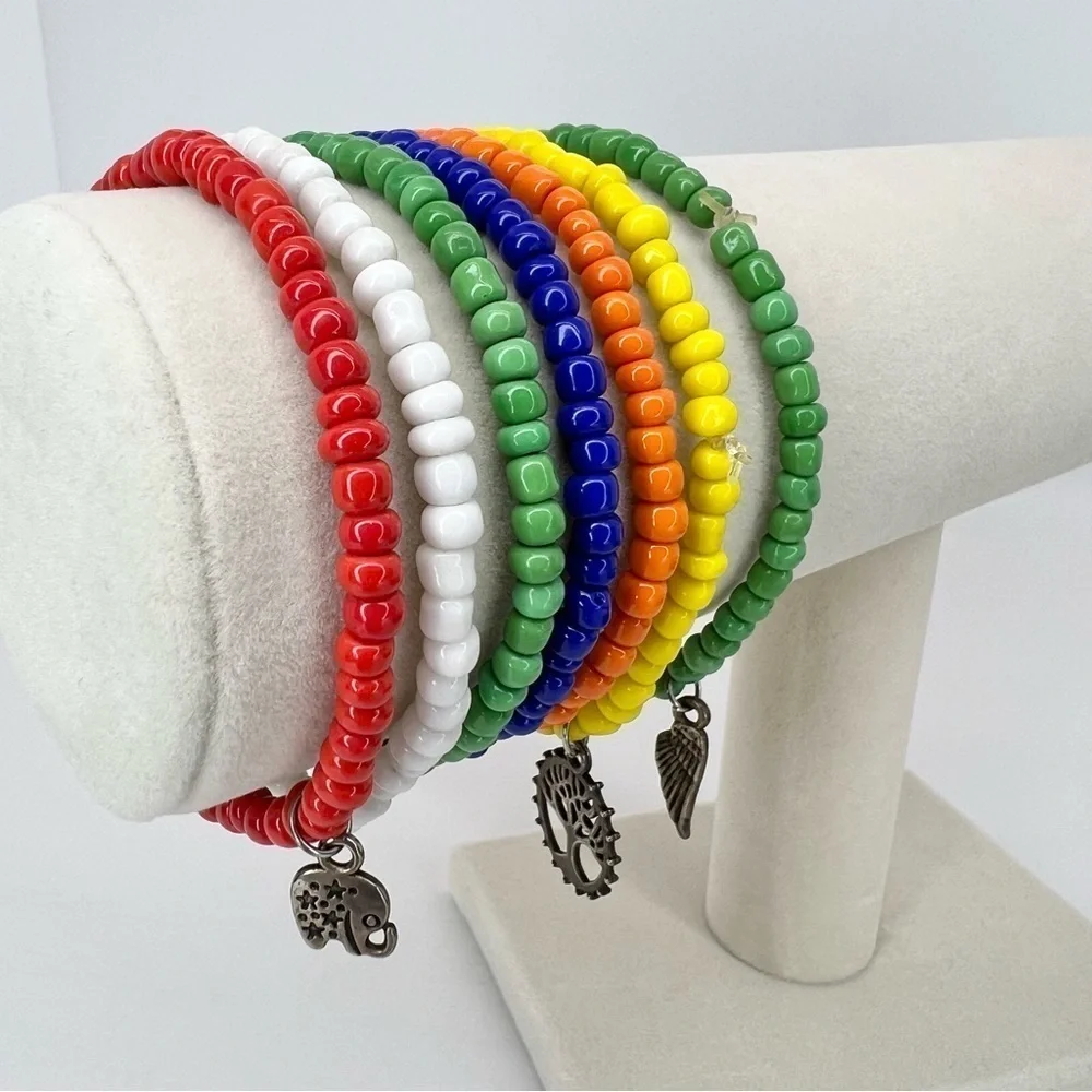 7 Glass Seed Bead Stretch Bracelets With Charms, Vibrant Multiple Colors, EUC
